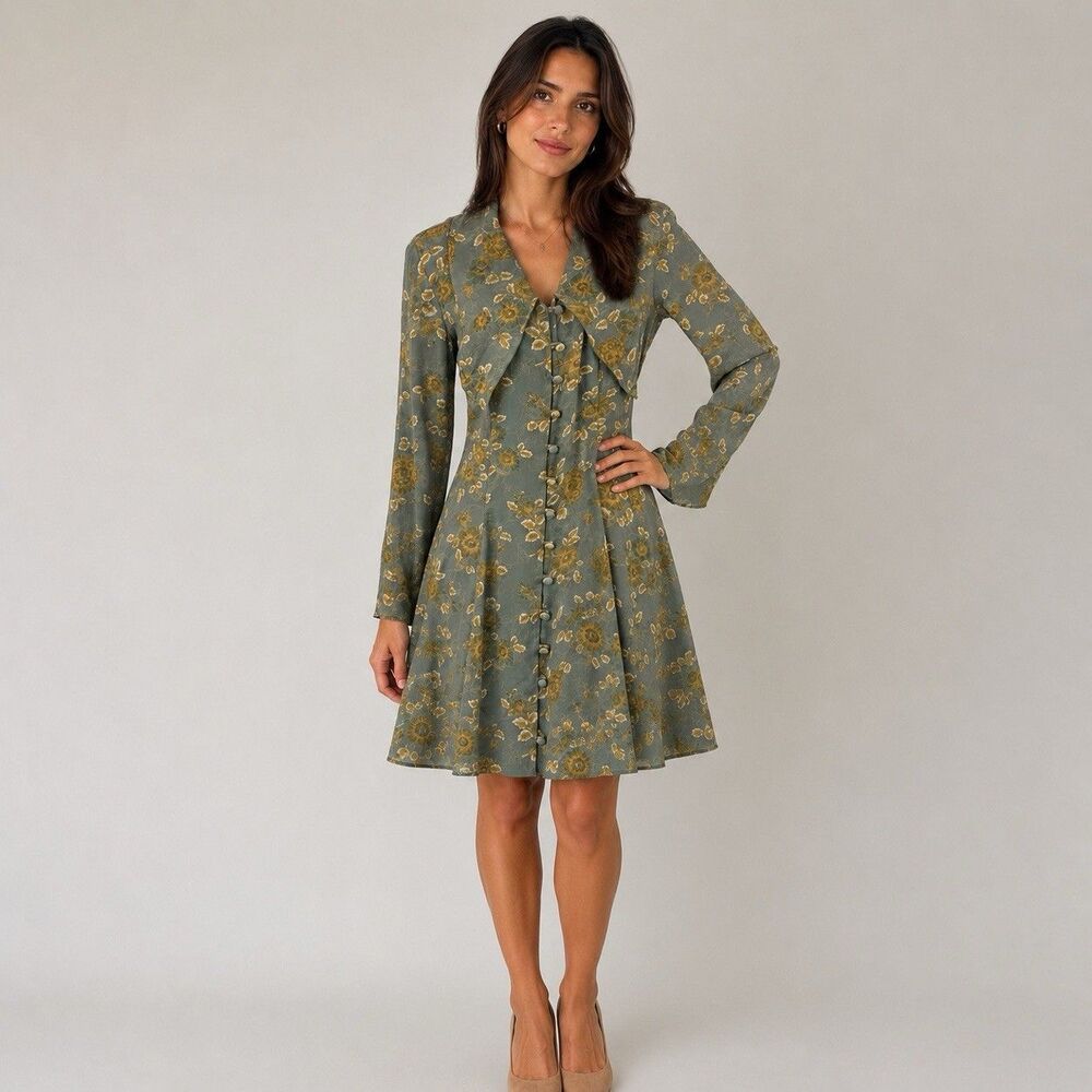 Carole Little Dress 6 S Vtg Fit Flare Long Sleeve Green Foral Earthy Cottagecore